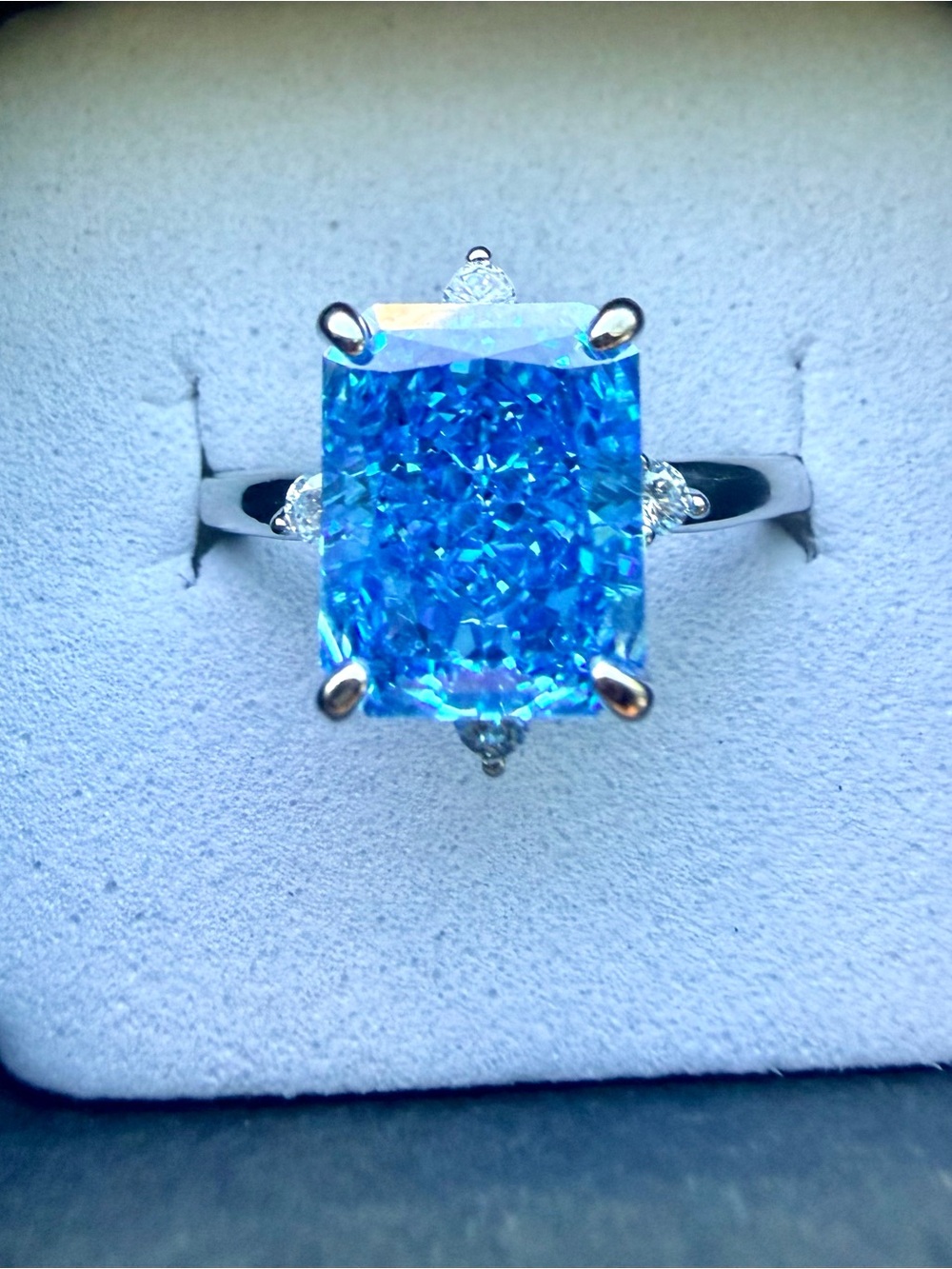 NEW! 14K White Gold Plated with Blue Cushion-Cut Gemstone Statement Ring
